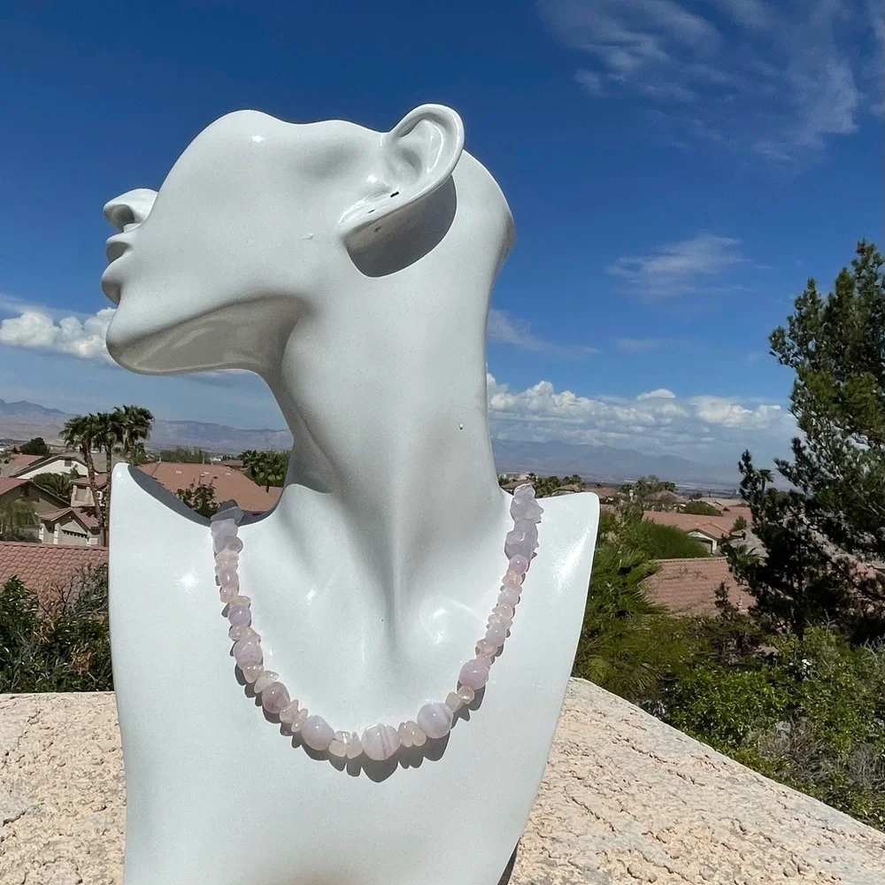 Rose Quartz & Glass Bead Necklace with Sterling Clasp